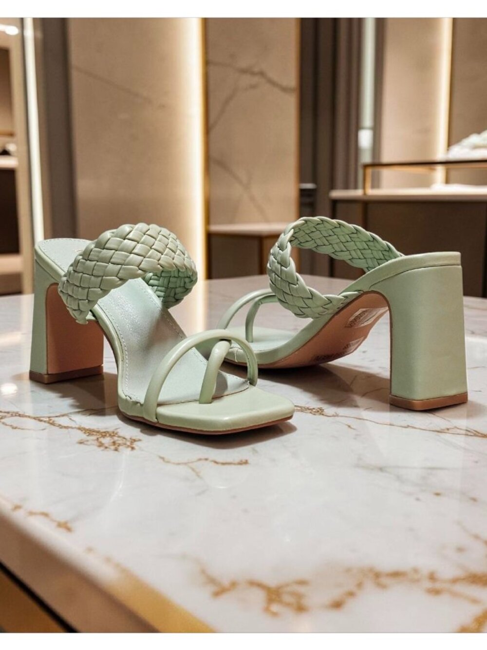 Woven Strap Block Heel Sandals Sage Green Square Toe Slip-On Design Womens Footw
